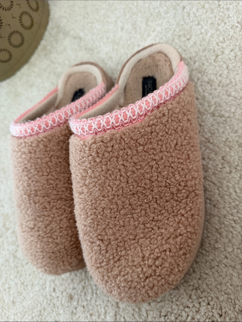 Rachel Zoe Plush Faux-Shearling Slip-On Slippers in Light Brown with Pink Trim